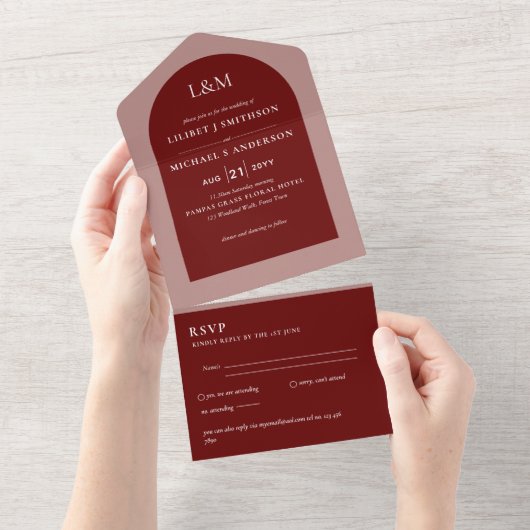 Modern Burgundy Monochrome Wedding All In One Uitnodiging (Afscheurbaar)