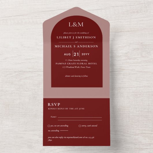 Modern Burgundy Monochrome Wedding All In One Uitnodiging (Binnen)