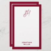 Modern Burgundy Monogram Briefpapier (Voorkant / Achterkant)