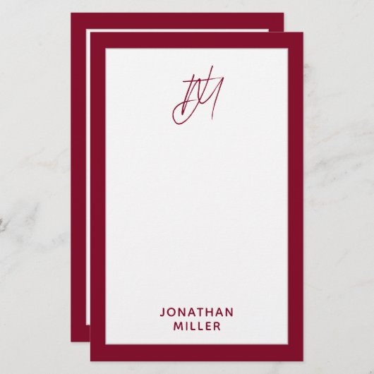 Modern Burgundy Monogram Briefpapier (Voorkant / Achterkant)