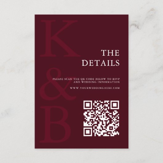 Modern Burgundy Monogram Minimalist Wedding Informatiekaartje (Voorkant)
