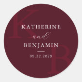 Modern Burgundy Monogram Minimalist Wedding Ronde Sticker (Voorkant)