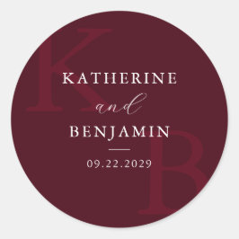 Modern Burgundy Monogram Minimalist Wedding Ronde Sticker