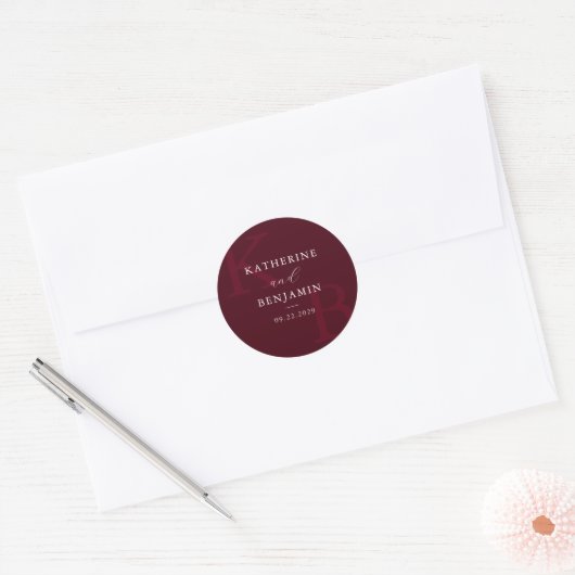 Modern Burgundy Monogram Minimalist Wedding Ronde Sticker (Envelop)