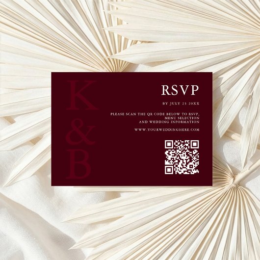 Modern Burgundy Monogram Minimalist Wedding RSVP Kaartje