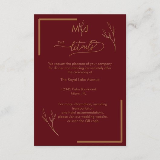 Modern Burgundy  Monogram Wedding Details Informatiekaartje (Voorkant)