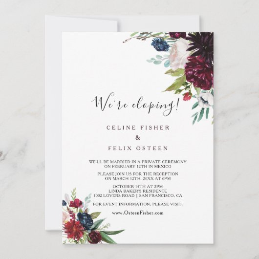 Modern Burgundy Navy Blush Elopement Reception Kaart (Voorkant)