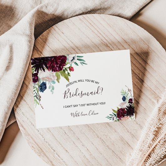 Modern Burgundy Navy Blush Floral Bridesmaid Uitnodiging Briefkaart