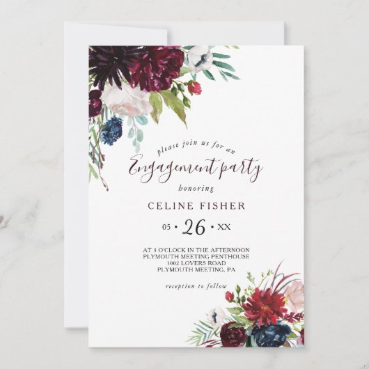 Modern Burgundy Navy Blush Floral Engagement Party Kaart (Voorkant)