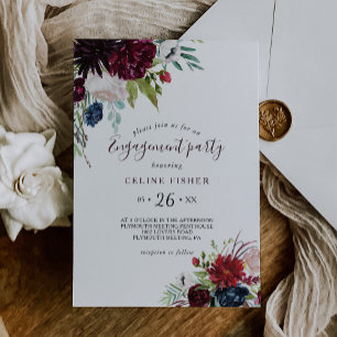 Modern Burgundy Navy Blush Floral Engagement Party Kaart