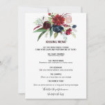 Modern Burgundy Navy Blush Floral Kissing Menu<br><div class="desc">Deze moderne bogundy navy blush florale kissingmenu is perfect voor een elegante trouwreceptie. Het ontwerp is voorzien van rode,  Bourgogne,  marineuze,  paarse,  blauwe en schitterende,  prachtig met de hand geschilde bloemen en groene bladeren.</div>