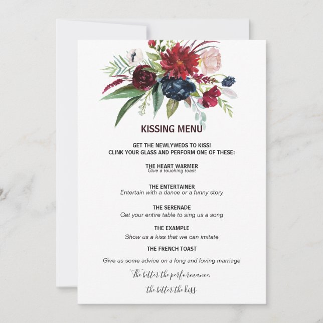 Modern Burgundy Navy Blush Floral Kissing Menu (Voorkant)