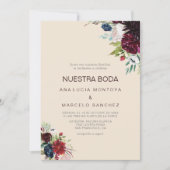 Modern Burgundy Navy Blush Floral Spain Wedding Kaart (Voorkant)