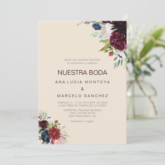 Modern Burgundy Navy Blush Floral Spain Wedding Kaart (Staand voorkant)