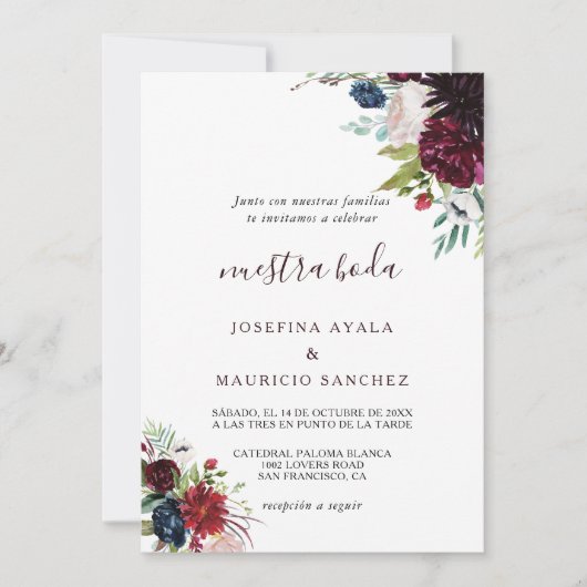 Modern Burgundy Navy Blush Floral Spain Wedding Kaart (Voorkant)