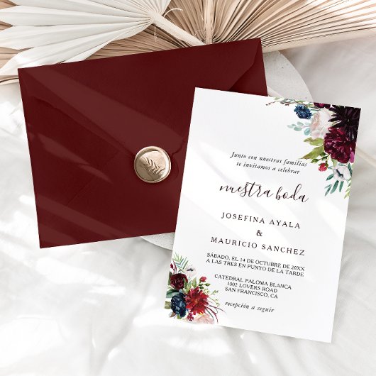 Modern Burgundy Navy Blush Floral Spain Wedding Kaart