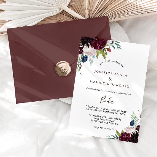 Modern Burgundy Navy Blush Floral Spain Wedding Kaart