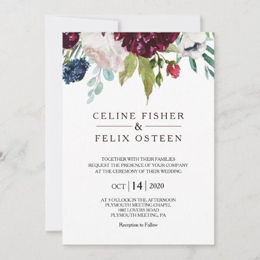 Modern Burgundy Navy Blush Floral Wedding Kaart (Voorkant)