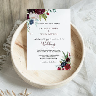 Modern Burgundy Navy Blush Floral Wedding Kaart