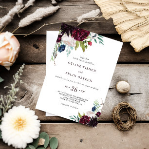 Modern Burgundy Navy Blush Floral Wedding Kaart