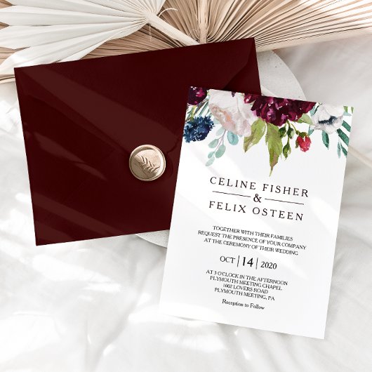 Modern Burgundy Navy Blush Floral Wedding Kaart