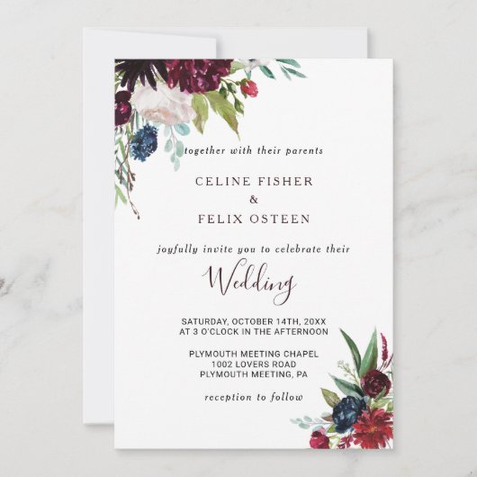 Modern Burgundy Navy Blush Floral Wedding Kaart (Voorkant)