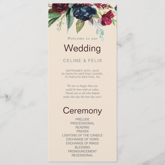 Modern Burgundy Navy Blush Floral Wedding Programm Programmakaart (Voorkant)