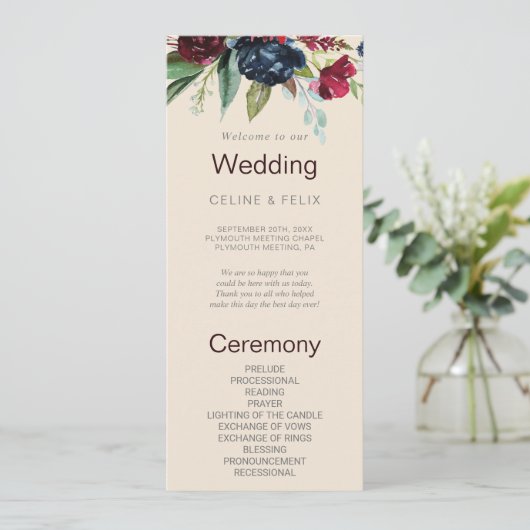 Modern Burgundy Navy Blush Floral Wedding Programm Programmakaart (Staand voorkant)