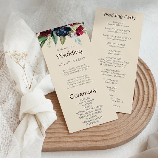 Modern Burgundy Navy Blush Floral Wedding Programm Programmakaart