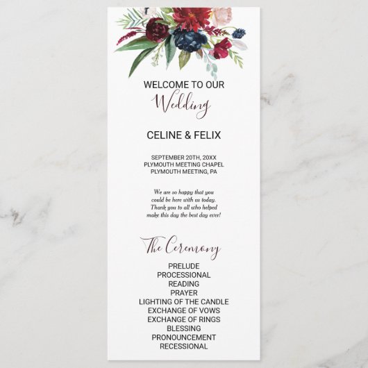 Modern Burgundy Navy Blush Floral Wedding Programm Programmakaart (Voorkant)