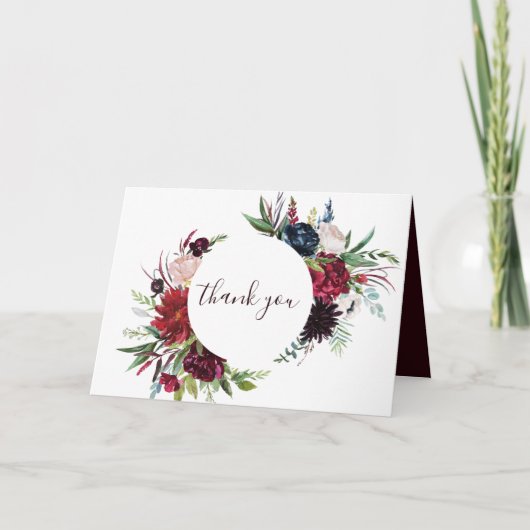 Modern Burgundy Navy Floral Wedding Bedankt (Voorkant)