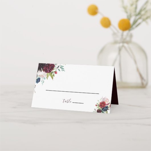 Modern Burgundy Navy Floral Wedding Place Card Plaatskaartje (Voorkant)