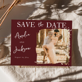 Modern Burgundy One Photo Save the Date Wedding Aankondigingskaart