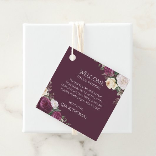 Modern Burgundy Peonies Wedding Welcome Label (In situ)