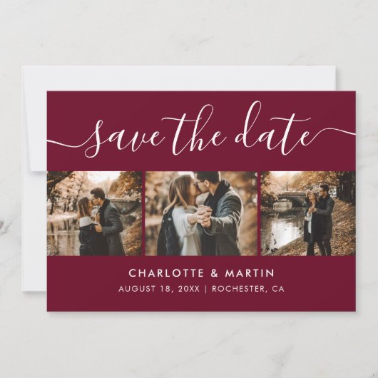 Modern Burgundy Photo Collage bewaart de datum Save The Date (Voorkant)