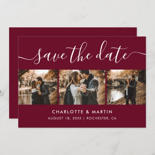 Modern Burgundy Photo Collage bewaart de datum Save The Date (Voorkant / Achterkant)