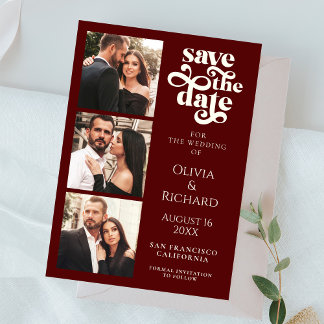 Modern Burgundy Photo Collage Wedding Save The Date