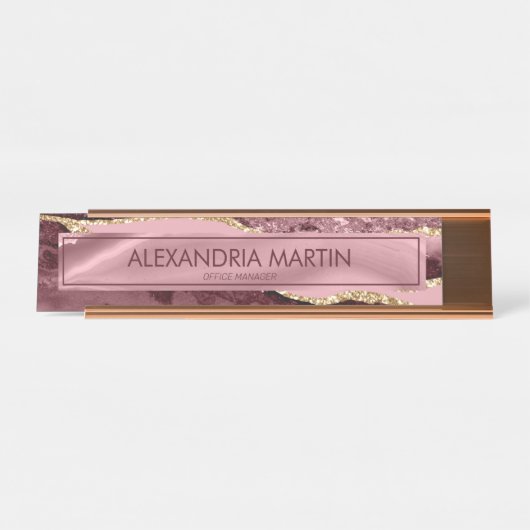 Modern Burgundy Pink Gold Glitter Marble Agate Bureau Naambordje (Voorkant)