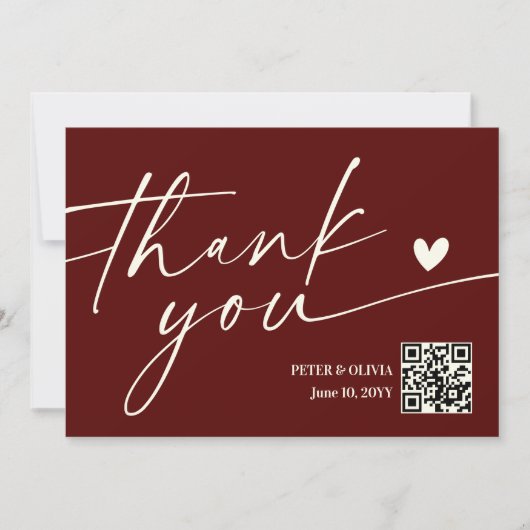 Modern Burgundy QR Code Wedding Thank You Card Kaart (Voorkant)