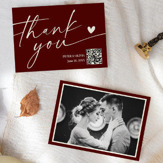 Modern Burgundy QR Code Wedding Thank You Card Kaart