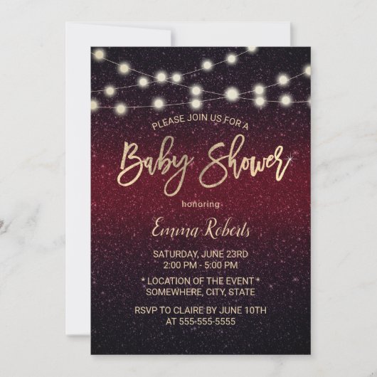 Modern Burgundy Red Faux Glitter Baby shower Kaart (Voorkant)