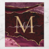 Modern Burgundy Red Gold Agate Geode Chic Monogram Wijn Etiket (Enkel label)