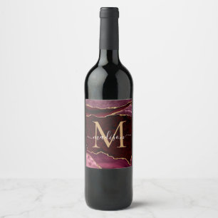 Modern Burgundy Red Gold Agate Geode Chic Monogram Wijn Etiket