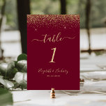 Modern Burgundy Red Gold Glitter Edge Wedding Kaart<br><div class="desc">The top edge of this elegant modern wedding table number features a gold faux glitter design. The customizable text combines pale gold-colored handwriting,  copperplate and italic fonts on a burgundy red background.</div>