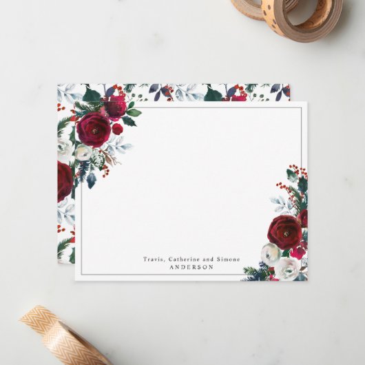 Modern Burgundy Red Holly Floral kerstfeestdag Notitiekaartje (Voorkant / Achterkant in situ)