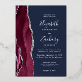 Modern Burgundy Red Silver Agate Navy Blue Wedding Folie Uitnodiging (Voorkant)