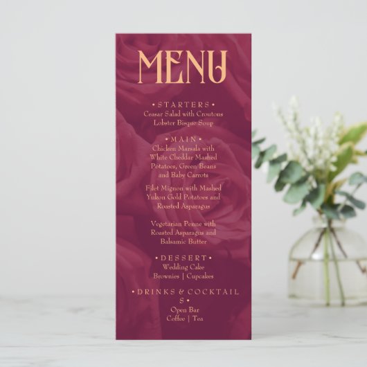 Modern Burgundy Retro Whimsical Fun Wedding menu  (Staand voorkant)