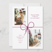 Modern Burgundy Ribbon Bow Wrap 2 Photo Christmas Feestdagenkaart (Voorkant)