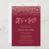 Modern Burgundy Roos Gold Glitter Girl Baby shower Kaart (Voorkant)