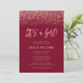 Modern Burgundy Roos Gold Glitter Girl Baby shower Kaart (Staand voorkant)